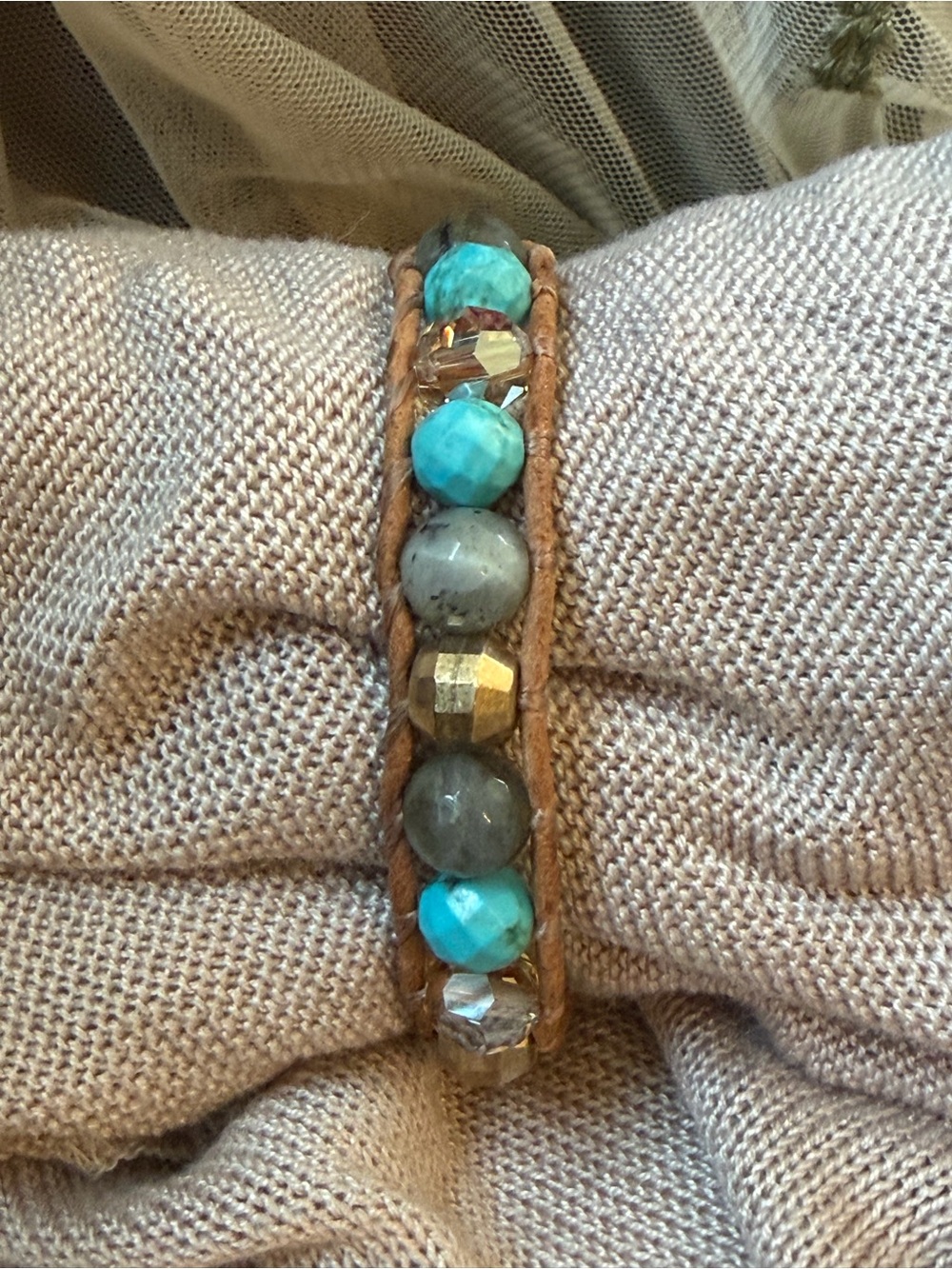 Chan Luu Turquoise Labradorite Gold Bead Single Wrap Leather Bracelet Boho - Picture 6 of 8